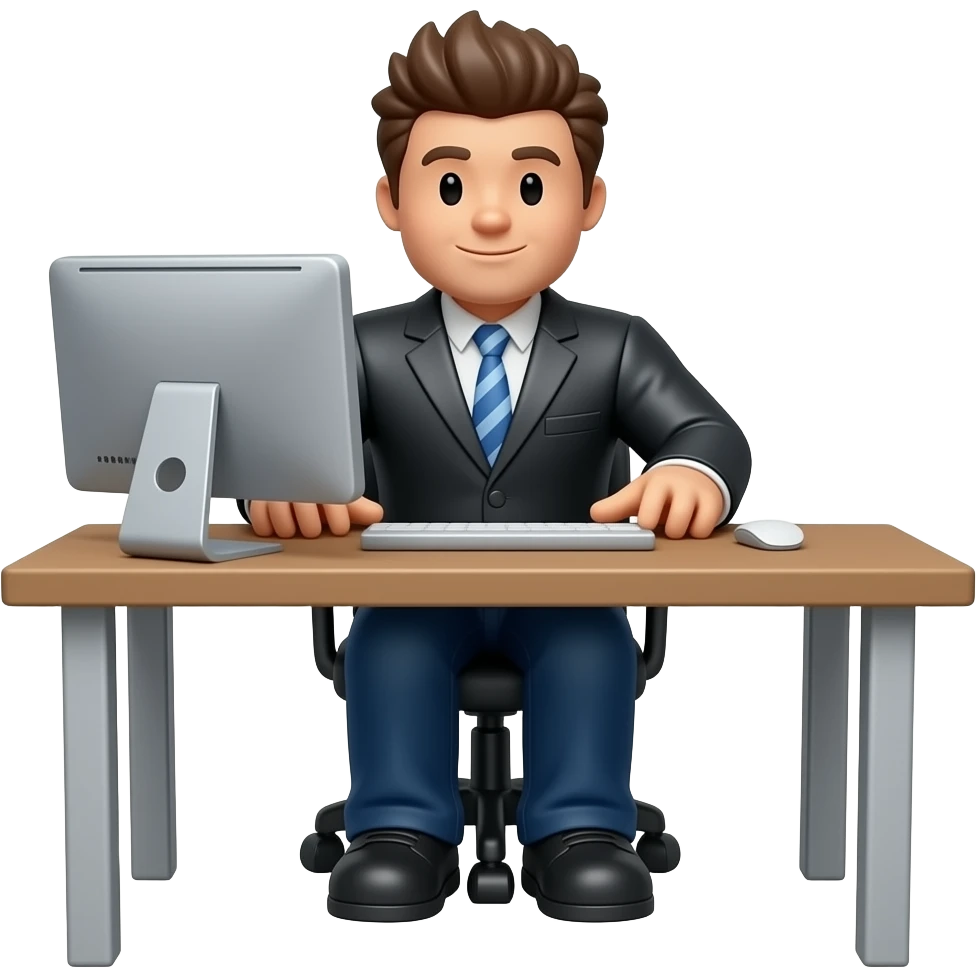 Genera un personaje de roblox de cuerpo completo sentado en un escritorio con una emoji