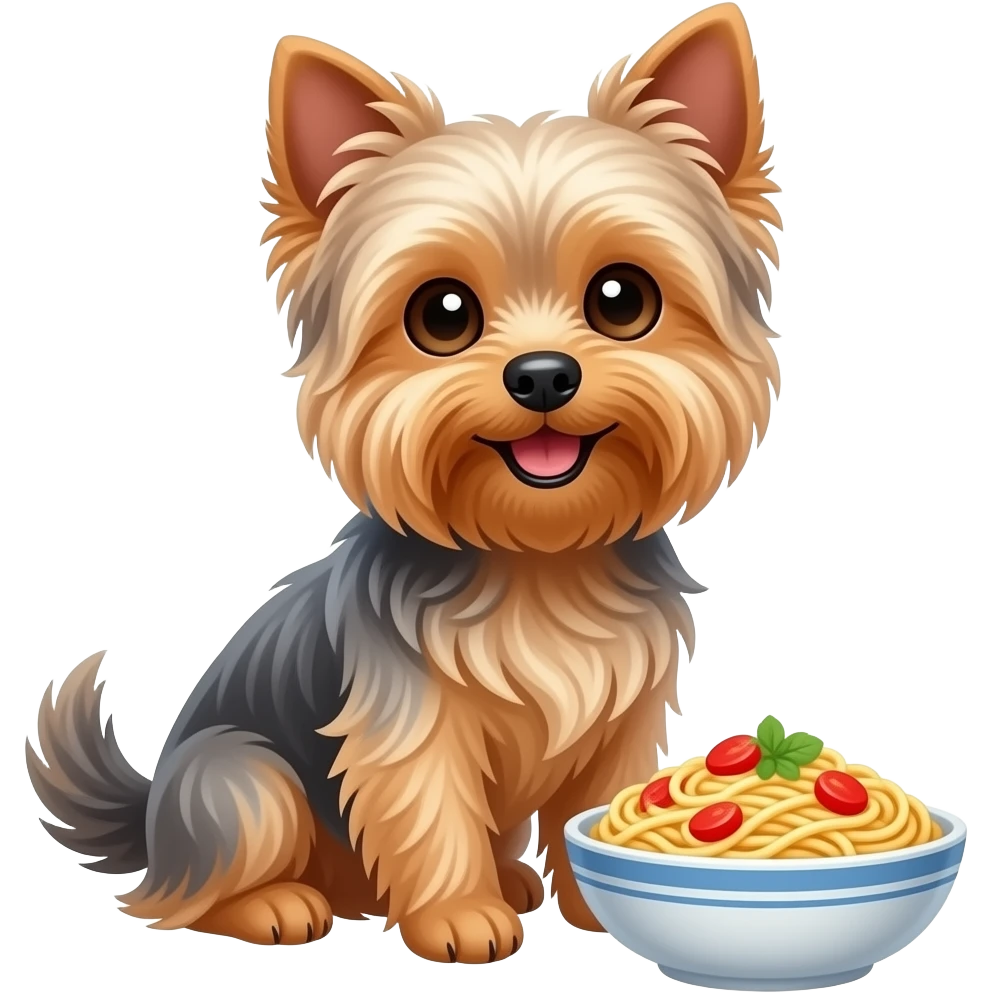 Happy Yorkie dog  long tail   long ears sitting with pasta emoji