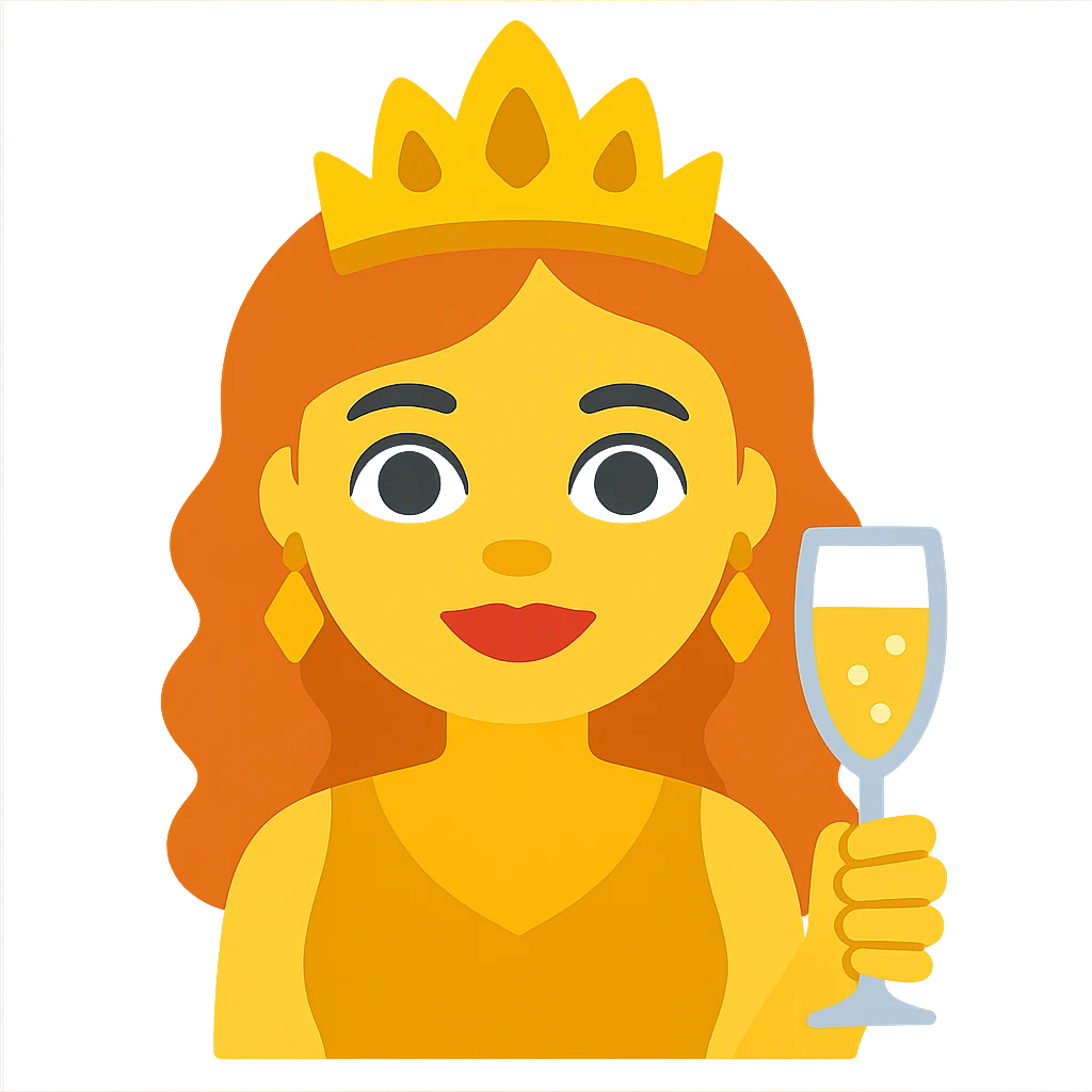 Create a simple and bold illustration of a Leo woman with a glass of champagne in the style of apple emojis. The woman should have a round face, big eyes, and minimal details. The background should be transparent. emoji