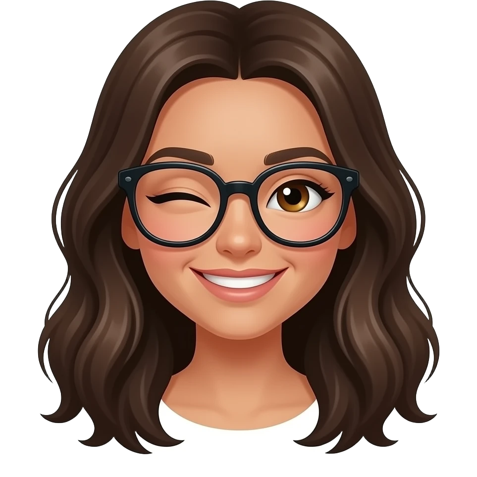 3 girls, one: black long wavy hair, tan, brown eyes, round black glasses, winking , two: brown long straight hair, hazel eyes, white skin, happy expression, three: hazel eyes, brown-ginger mid length hair, smirking emoji