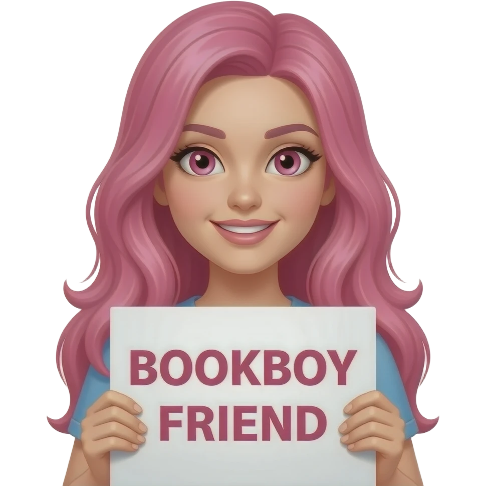 sexy girl with long pink hair and pink eyes  holding a BOOKBOY FRIEND sign emoji