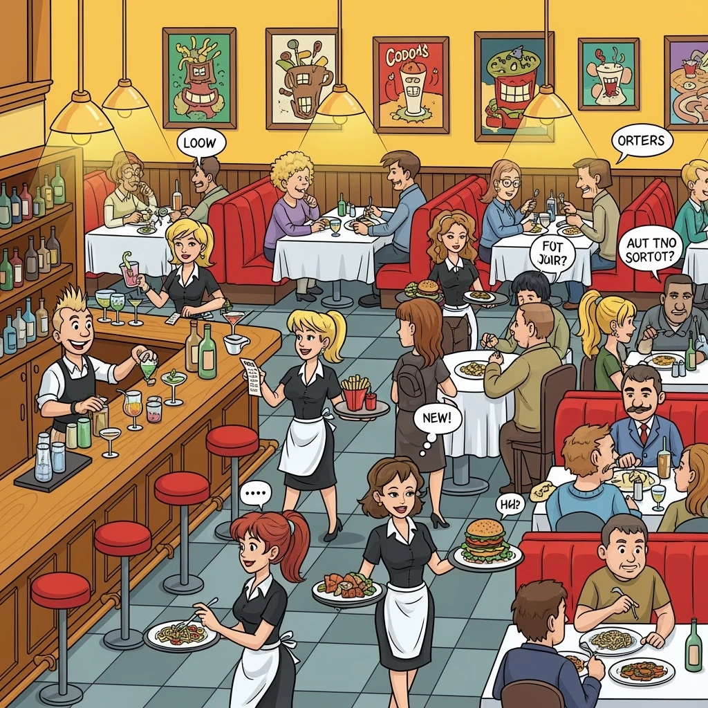 Illustration d'un restaurant avec des clients à table, des serveuses qui prennent les commandes et qui amènent les plats. Un barman sert des cocktails. Ambiance chaleureuse. Style cartoon années 90. emoji