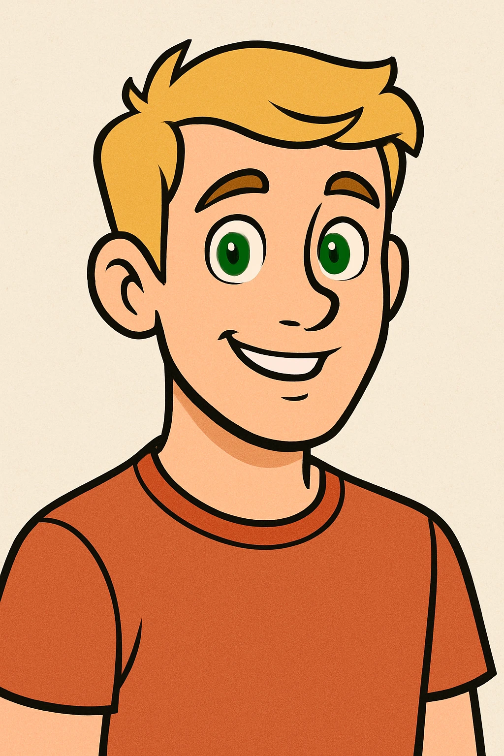 young man with short blond hair and green eyes, cartoon style emoji