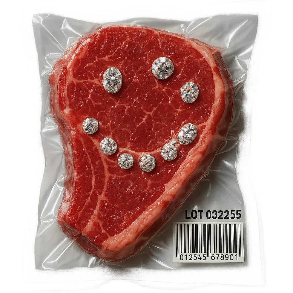 steak with sparkling diamonds embedded, glossy and puffy, vacuum-sealed style emoji