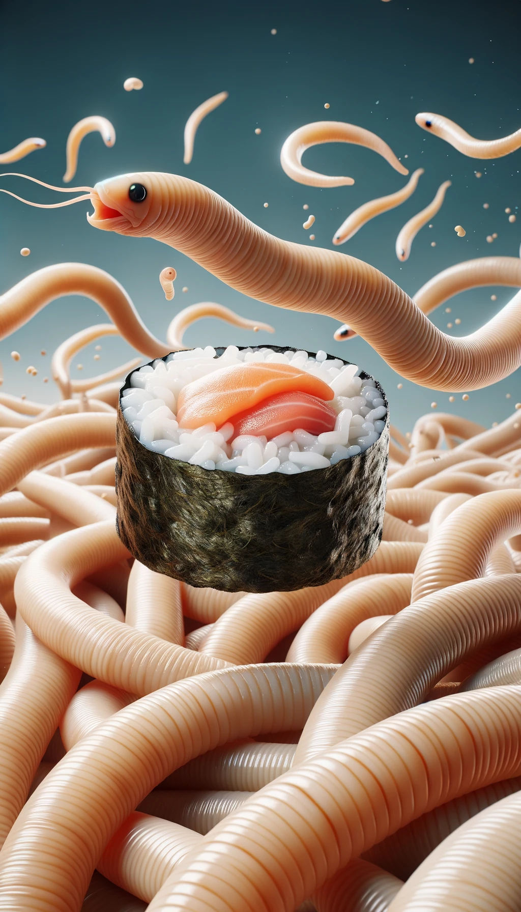 sushi crudo fluttua in aria insieme a dei lunghi vermi beige chiaro, iperrealistico 4k emoji