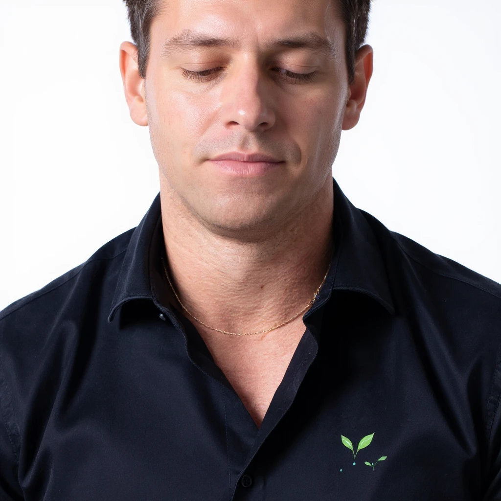 Vertical portrait, only the man's face in a realistic style with closed eyes. Include symbols of water drops and green leaves near the face to represent hydration and detoxification during fasting. The atmosphere should convey freshness and cleanliness. emoji