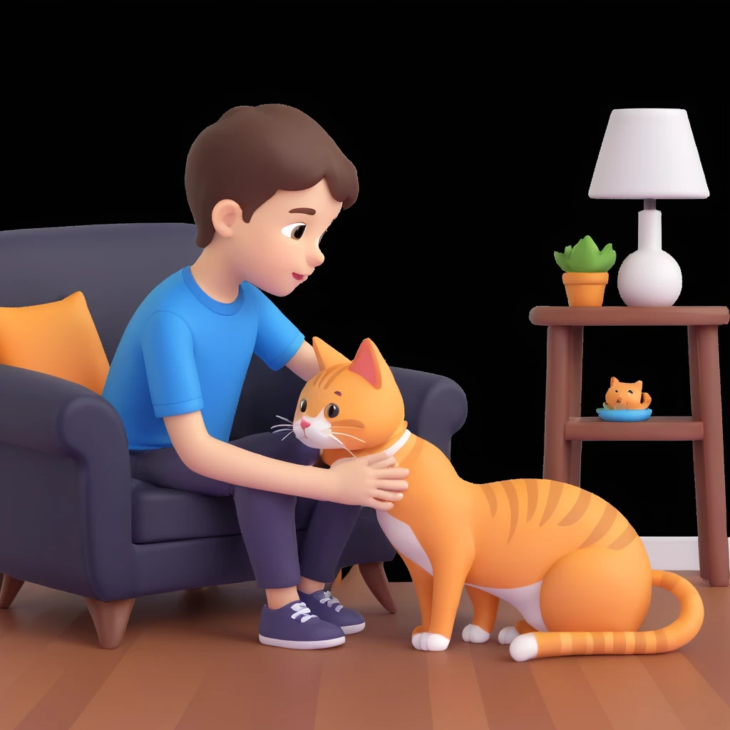 boy and cat pet, living room background emoji