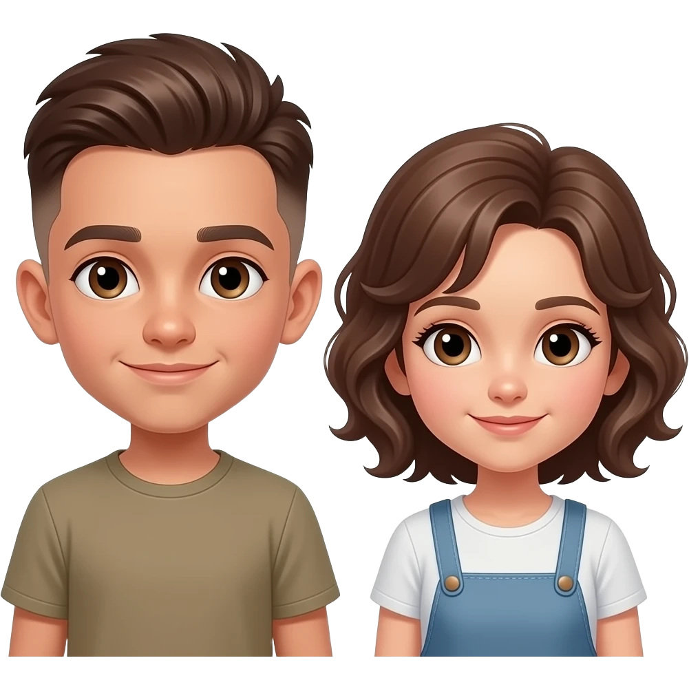 Koyu kahverengi gözlü, Kumral, Buzz Cut saçlı erkek çocuk yap saçını biraz daha uzat ve ten rengini buğday yap saçını düzleştir yanına da gri hırkalı Kumral koyu kahverengi gözlü kız koy emoji