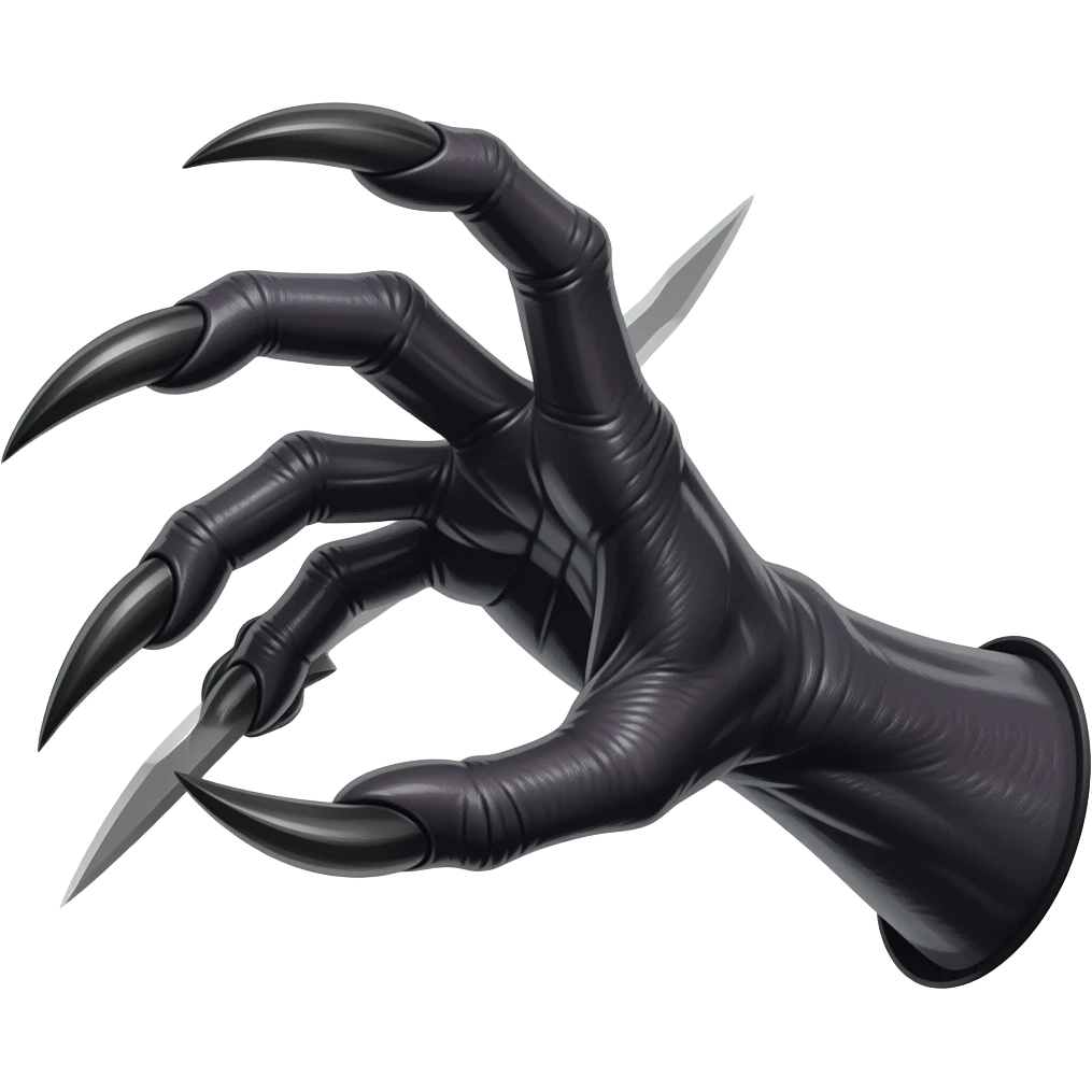 Long dark Demonic hand with sharp claws. Make the hand reach out to attack and slash towards the right of the image violently. Shift the perspective to a side profile to show the curvature and length of the claws more clearly. emoji