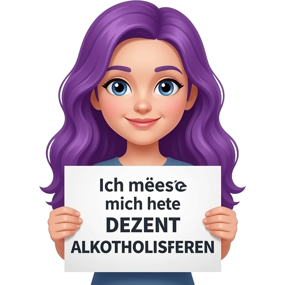 girl with long purple hair holding a Ich möchte mich heute DEZENT ALKOHOLISIEREN sign emoji