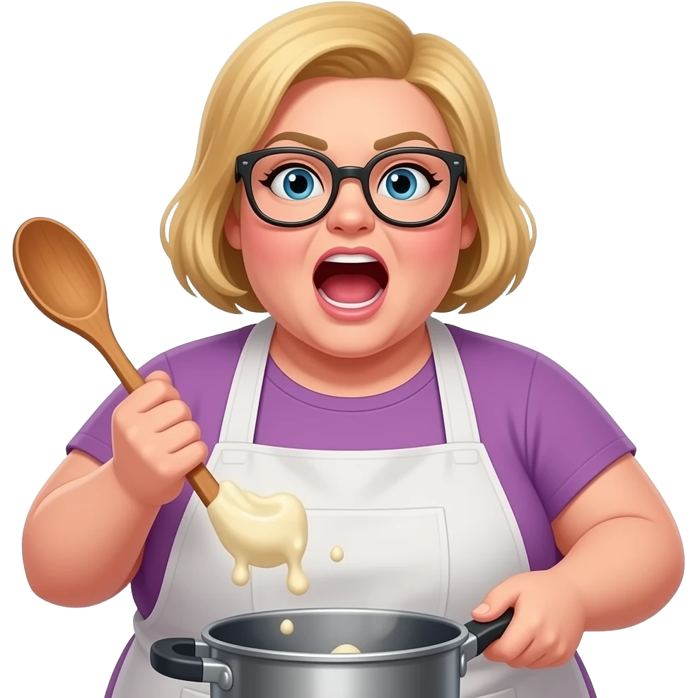 shouts 51 years blondie  some overweight woman cooking, glasses, wooden spoon, buzz cut emoji