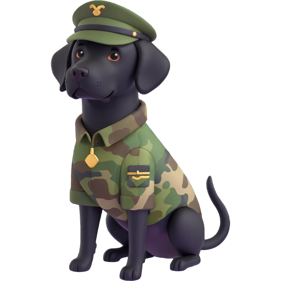 3D style black labrador retriever as a soldier wearing camouflage emoji
