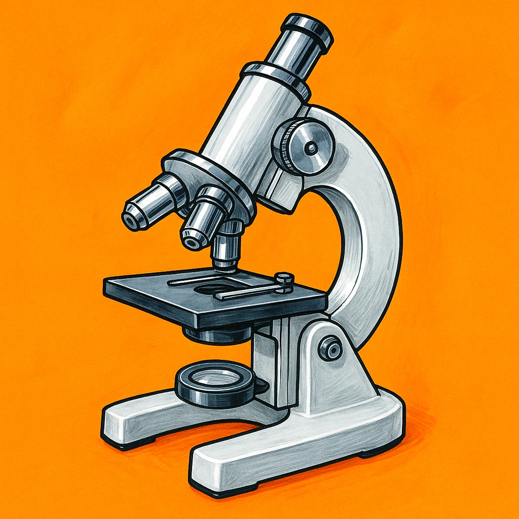 Сгенерируй мне микроскоп в рисованном, ярком стиле, на однородном фоне, он должен быть металлический, выглядеть серьезно, но при это ярко. Он пусть будет полностью бело-металлическим emoji