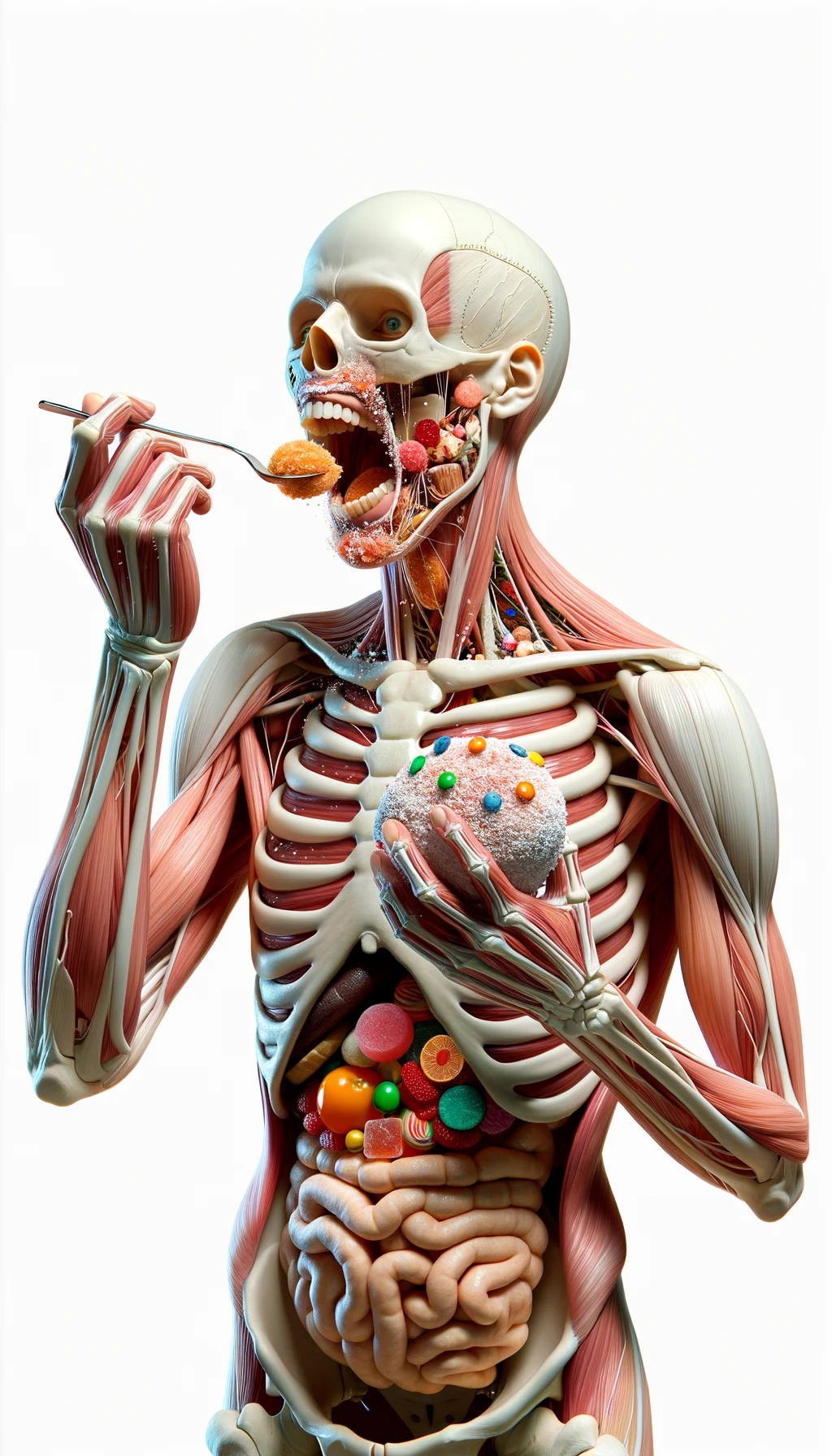 corpo umano anatomico in piedi a figura intera che si abbuffa di dolci e zuccheri, iperrealistico 4k, isolato su sfondo bianco emoji