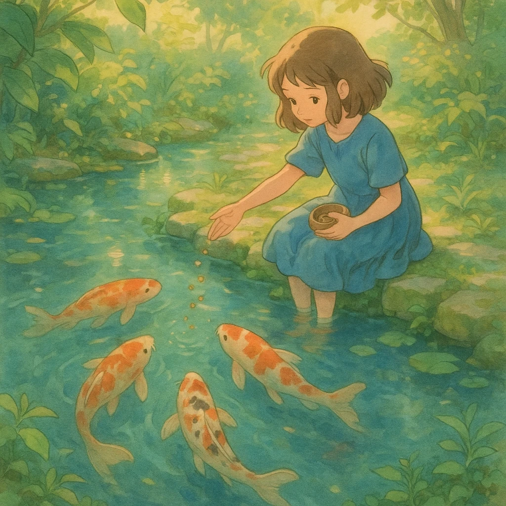 girl feeding koi fish in a pond emoji