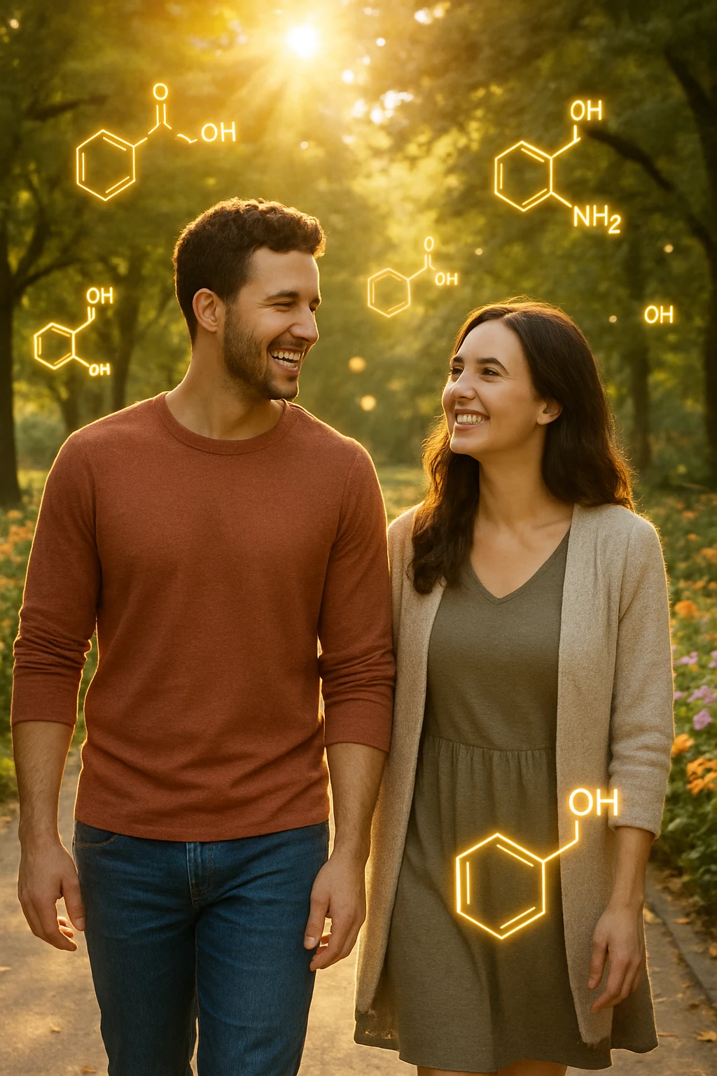 a smiling man and woman walk together along a sunlit park path, surrounded by green trees and blooming flowers. Sunbeams gently illuminate their faces, and subtle, glowing dopamine symbols float around them, symbolizing natural, healthy pleasure. The mood is uplifting and serene. emoji