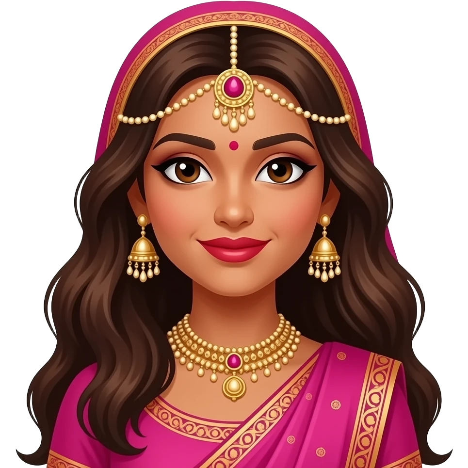 an Indian baddie wearing hot pink with long brown hair VERY dark skin with a red lip and an indian thing on her head emoji