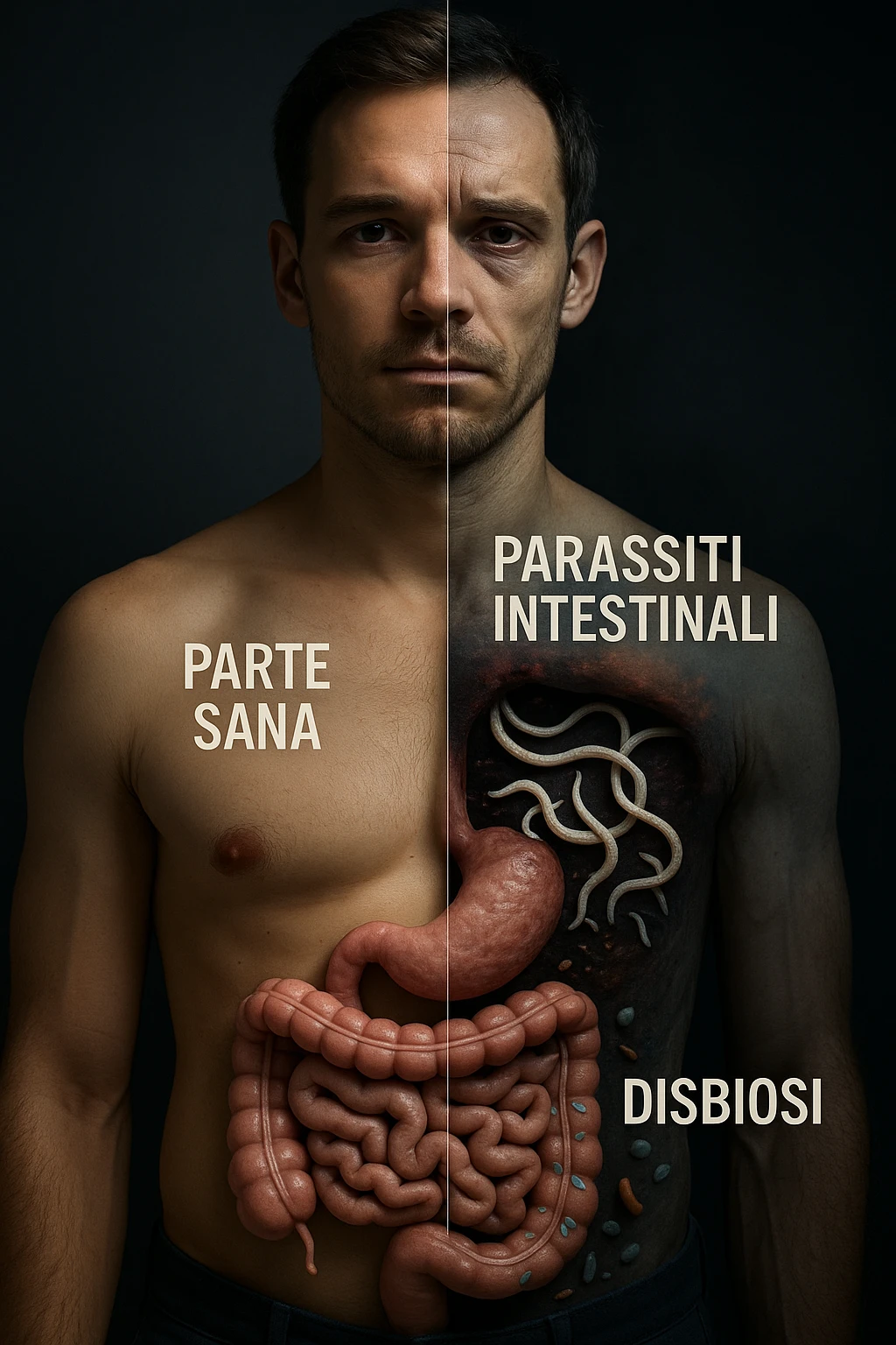 vertical realistic cinematic image: healthy man who could deteriorate health, with visual transition showing intestinal parasites and dysbiosis as causes. Dramatic clinical lighting, captions in Italian, 2:3 aspect ratio. emoji