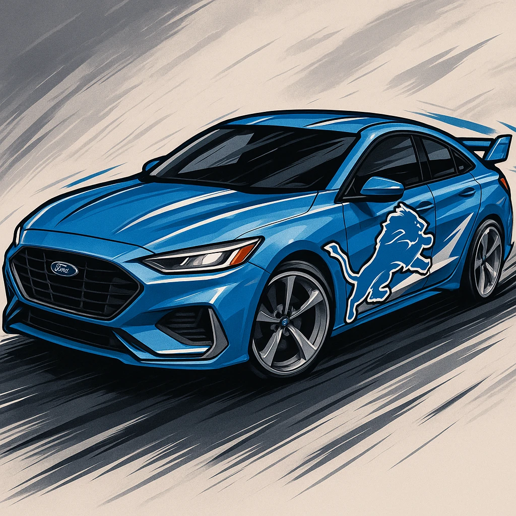 A stylized Ford car with Detroit Lions branding, blue and silver paint, lion mascot on the side, energetic and dynamic look. emoji