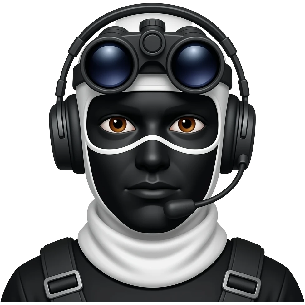 man with brown eyes wearing black clothes, face total painted black and a whiteblack balaclava and wears a headset and a big black night vision device on his headtop emoji