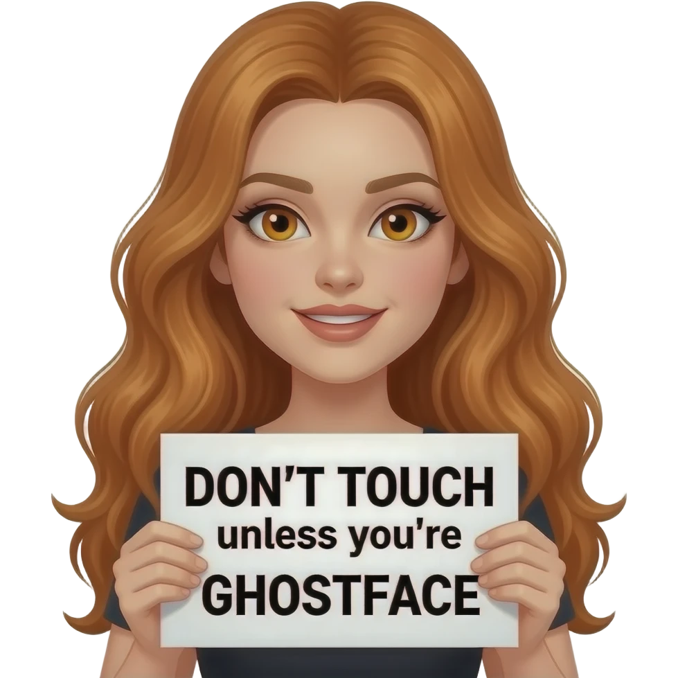 sexy girl with long wavy ginger hair and ginger eyes is holding a Don't TOUCH unless you're GHOSTFACE sign emoji