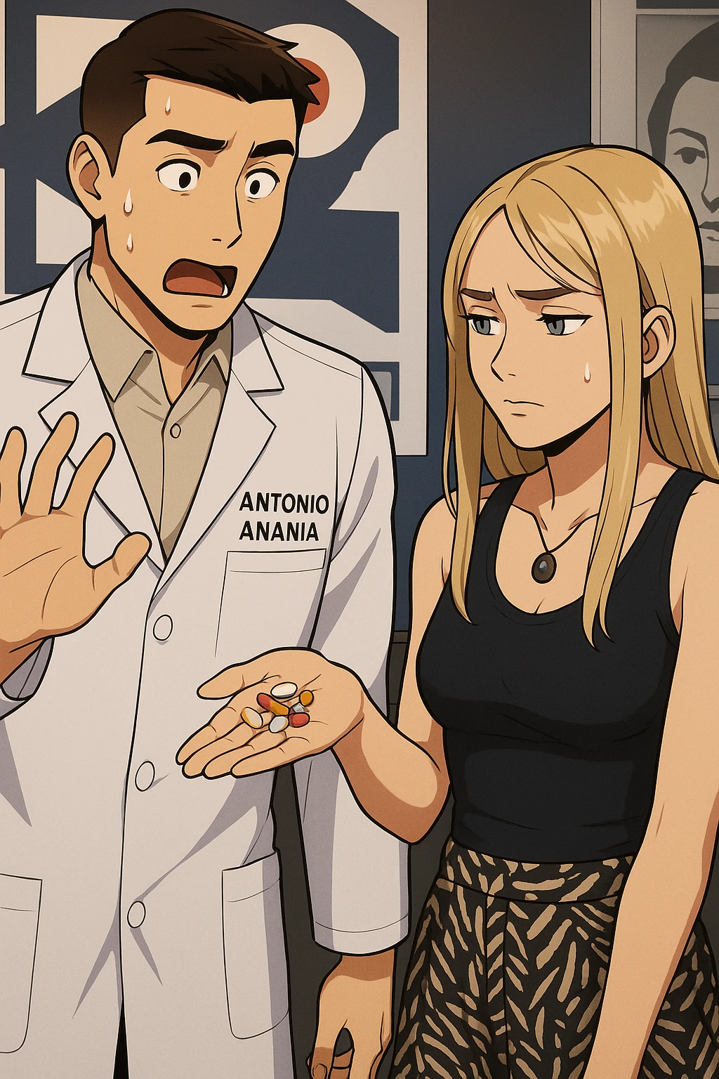 fai un webtoon/manga a colori con questo kinesiologo in camice bianco (fagli la scritta "ANTONIO ANANIA" SUL CAMICE) CHE PARLA CON QUESTA RAGAZZA. LA RAGAZZA HA UN PUGNO DI INTEGRATORI IN MANO (TANTE PILLOLE DIVERSE) E LE GUARDA DUBBIOSA. IL KINESIOLOGO CON IL CAMICE BIANCO LE DOMANDA UNA COSA SCIOCCATO. NON FARE I FUMETTI, FAI SOLO LORO COME SE DIALOGASSERO emoji