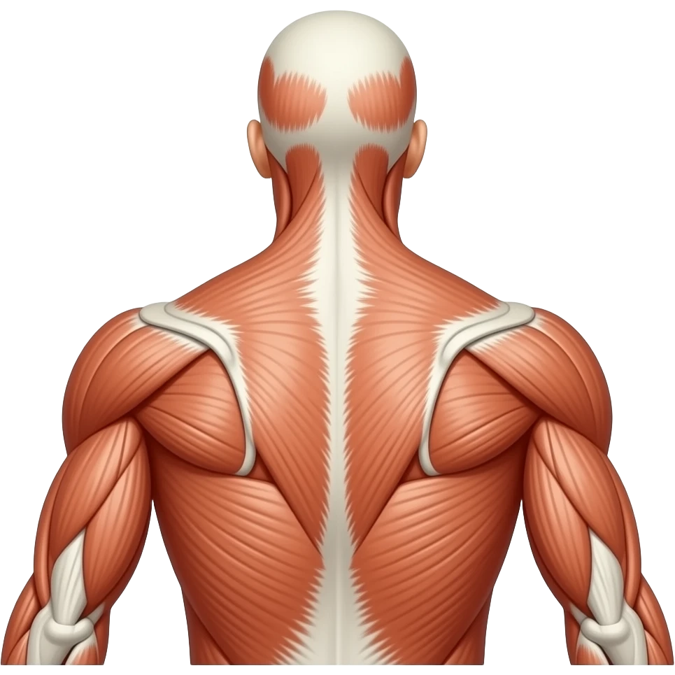 Anatomical male shoulders, no skin, muscles exposed. Deltoid (3 heads), trapezius, biceps. Salmon/terracotta color, white tendons. Emoji-like 3D cartoon icon, white background, no text. emoji