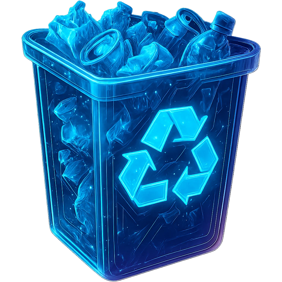 Add visible trash inside the exact cyberpunk recycle bin image. Keep the design, style, and perspective of the bin unchanged. The trash should be clearly visible inside the bin. Maintain the glowing neon blue and pink edges, circuit patterns, and transparent background exactly as they are, preserving the cyberpunk aesthetic. emoji
