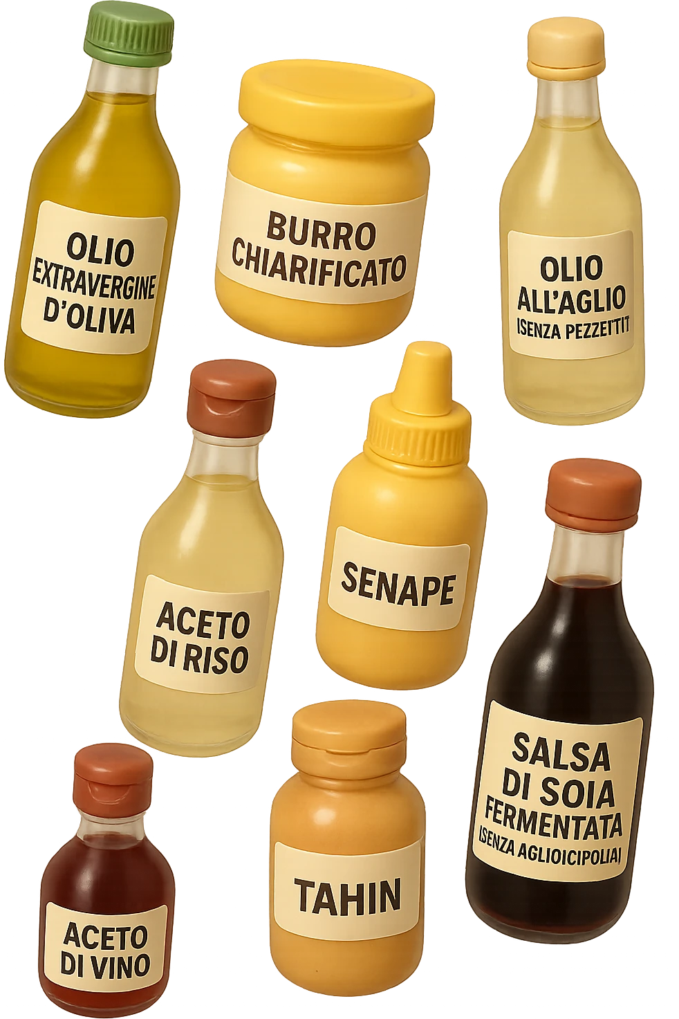 emoji stile iphone 3d di questi elementi che fluttuano in aria sparsi casualmente:

Olio extravergine d’oliva, burro chiarificato
Olio all’aglio (senza pezzetti)
Aceto di vino, aceto di riso, senape, tahin
Salsa di soia fermentata (senza aglio/cipolla)


 che fluttuano sparse casualmente in aria, le etichette dei prodotti scrivile in italiano, iperealistico 4k emoji