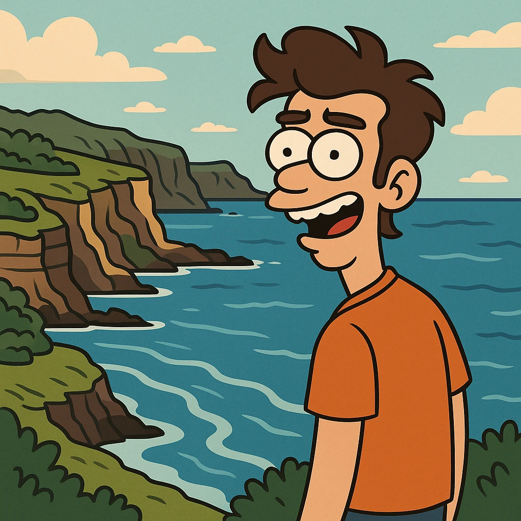 Jeju Island coastal cliffs and blue ocean, stylized cartoon style emoji