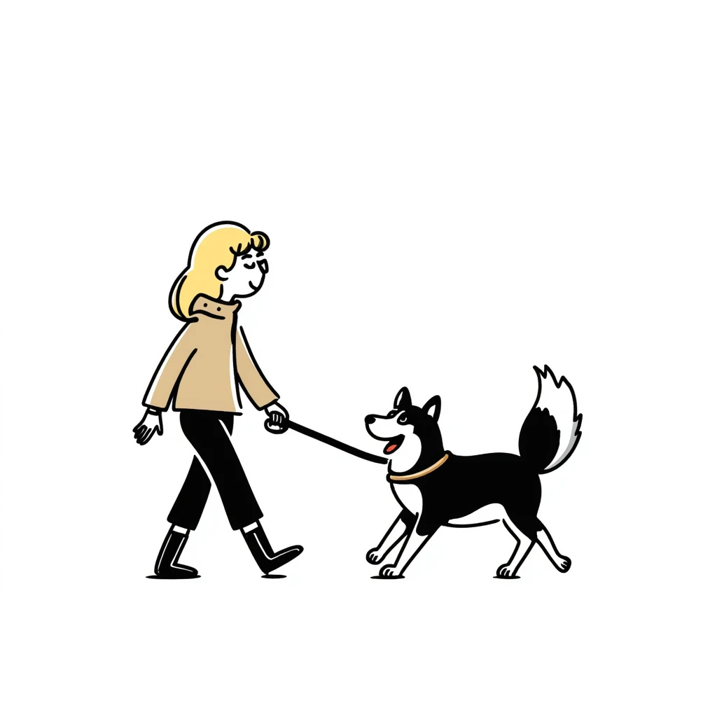 Blonde woman wearing a sweater walking a happy Siberian husky in New York City on an upper east side city sidewalk  emoji
