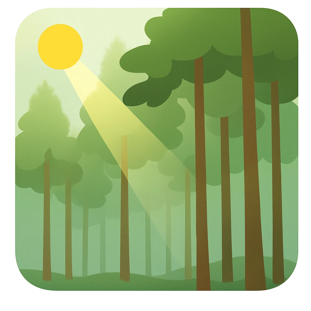 Create a forest emoji inspired by the reference image with tall thin trees, a misty atmosphere, and a simplified emoji-like style. Add a sunbeam effect shining through the trees. The style should be similar to the reference but adapted for emoji use. emoji