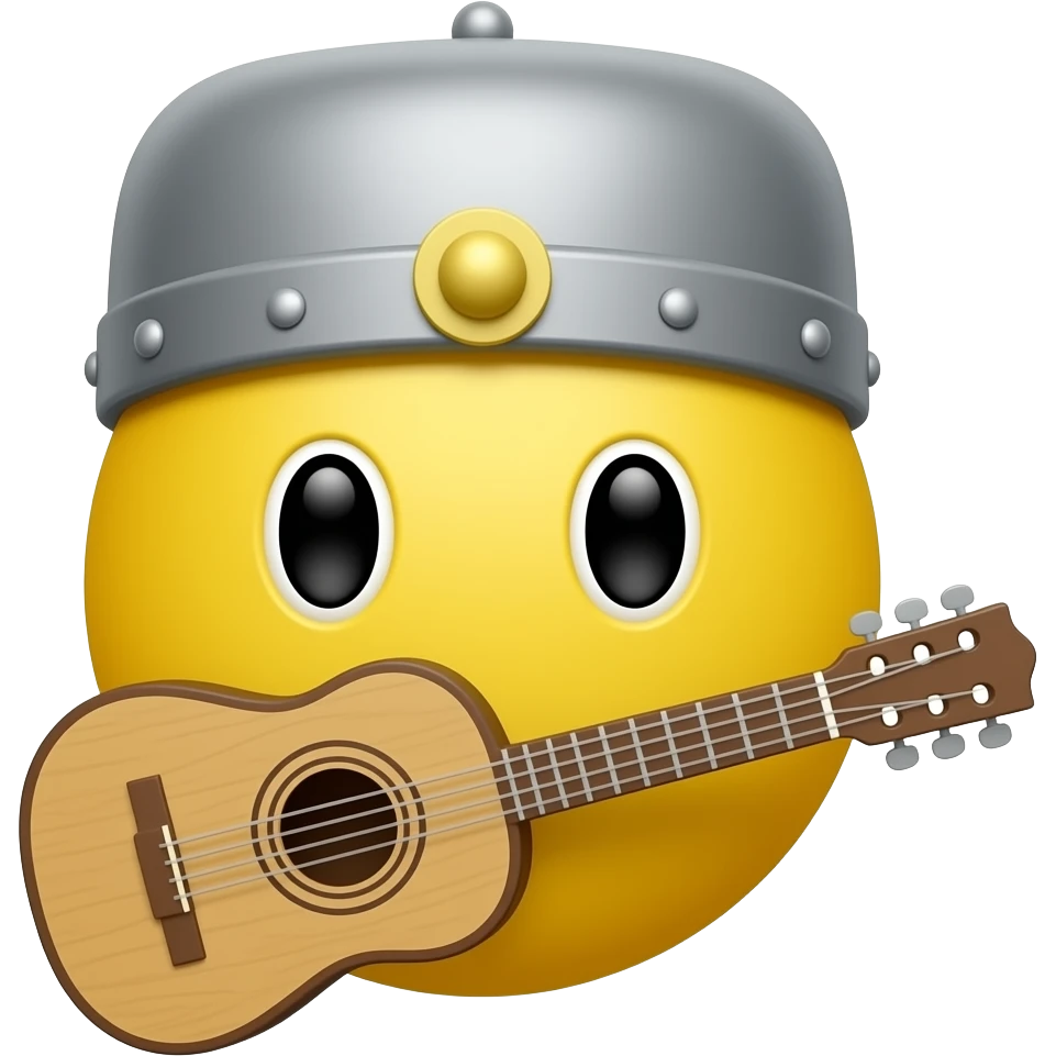 verry round yellow face emoji with a "medieval bard hat" and a "medieval bard instrument", "no arms nor hands" emoji