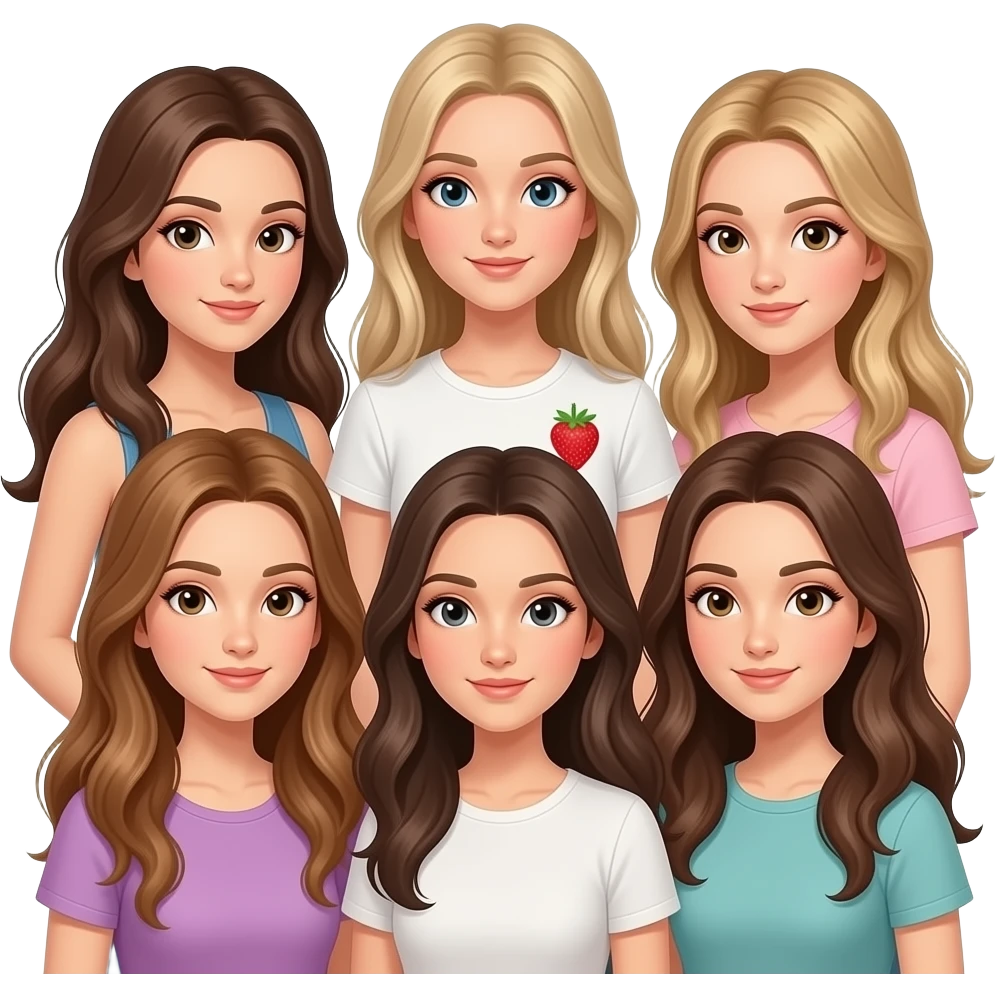 5 caucation girl friends with long hair : 1 brunette who is pregnant, 1 strawberry -blonde tall thin, 1 blonde thin, 1 dirty blonde thin, 1 brunette Italian emoji