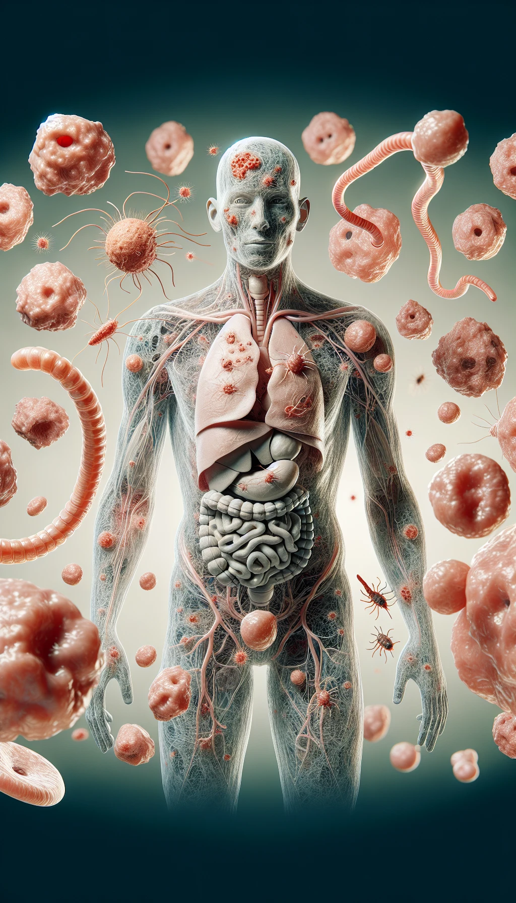 corpo umano anatomico con cellule tumorali intorno, cancro e malessere generale, parassiti come la tenia intorno, sfondo neutro chiaro, iperrealistico 4k emoji