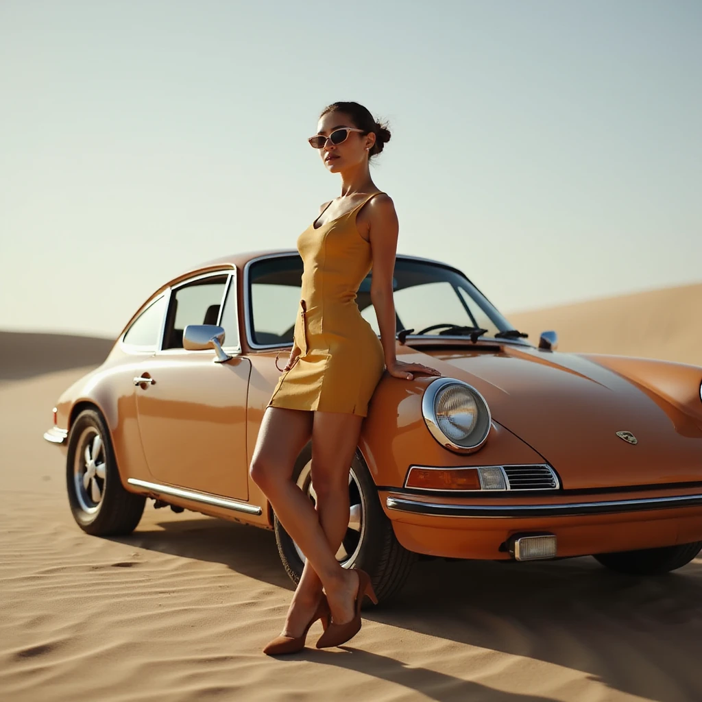 Cinematic still of a woman next to  porsche 911 on desert emoji