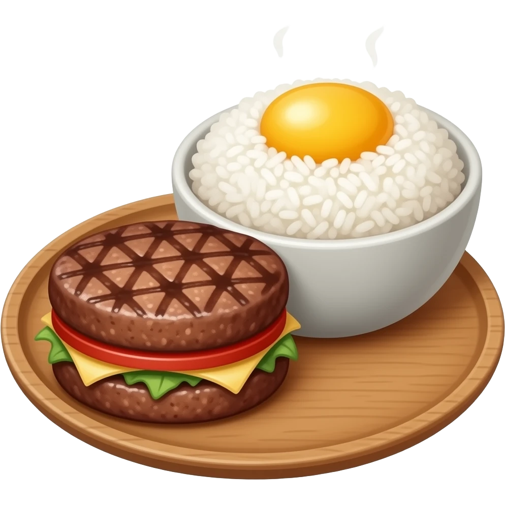 hamburg steak with bowl of rice and raw egg yolk emoji