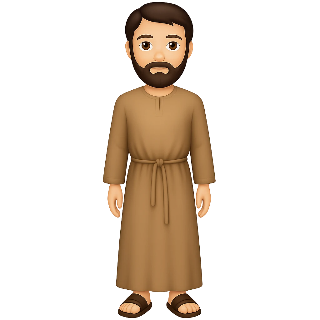 Create a full body, standing front view of Saint Joseph in an emoji style. He should wear a long tan robe similar to the reference image, have dark brown hair and beard. The background should be removed, leaving only the figure. emoji