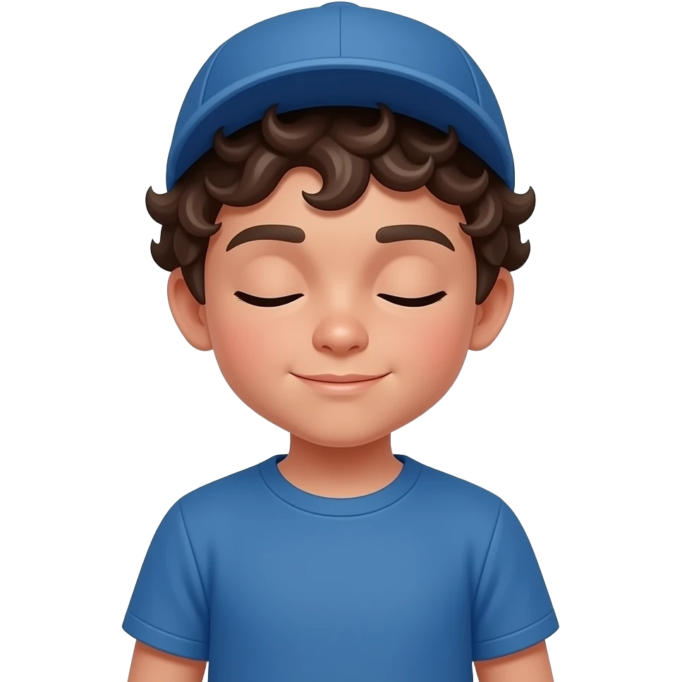 young boy with curly spice close eyes with half body close up boys weara blue t shirt and wear hat emoji