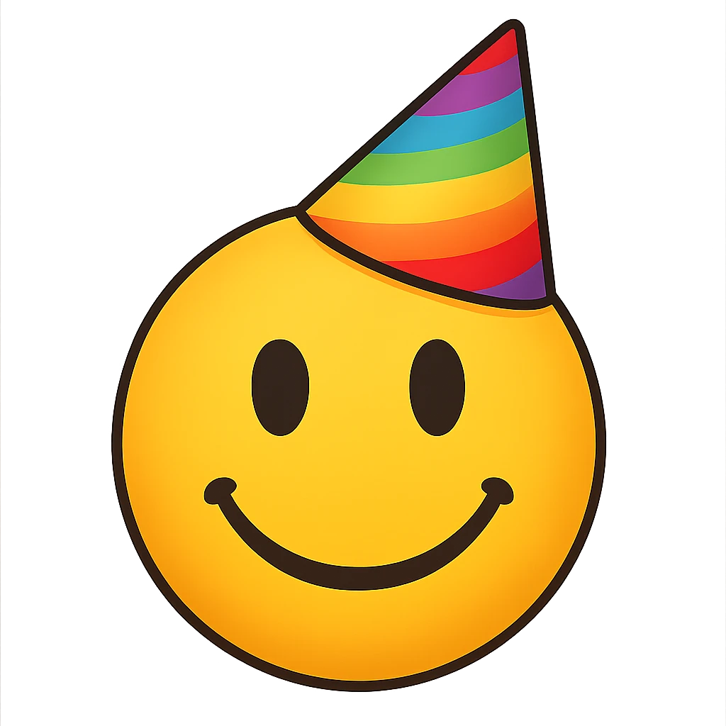 yellow face with rainbow party hat emoji, digital illustration, no background emoji