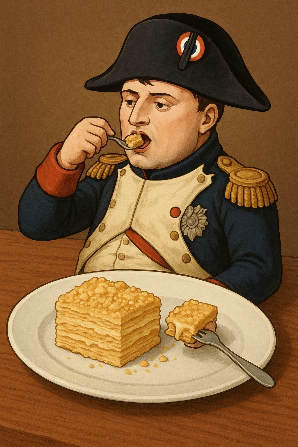 Сгенерируй мне тарелку, на которой лежит наполеон бонапарт, и кладет себе в рот кусочек торта наполеон emoji