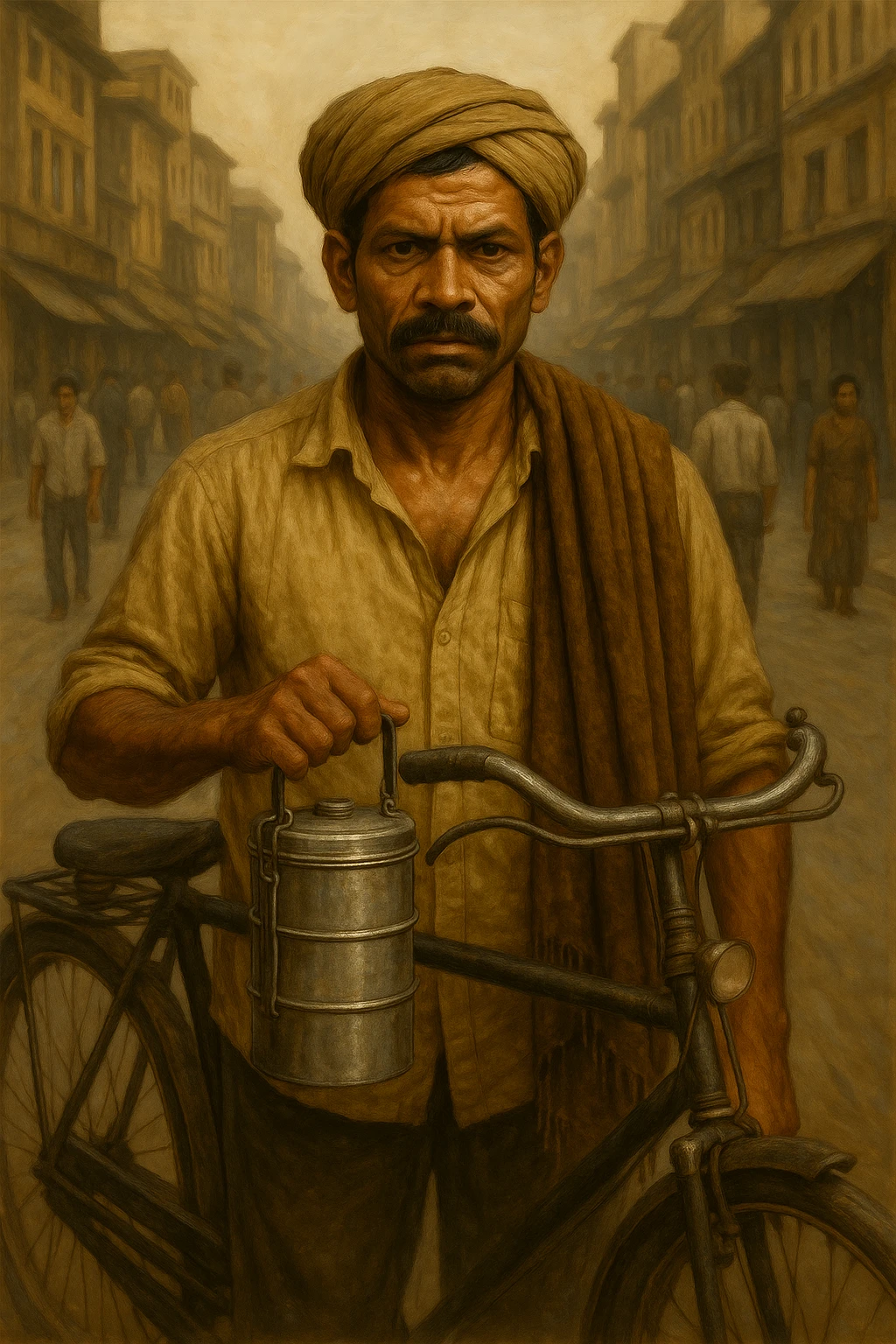Add a bicycle beside the Indian man in humble attire, as he heads to work, maintaining the semi-realistic style and city street background. emoji