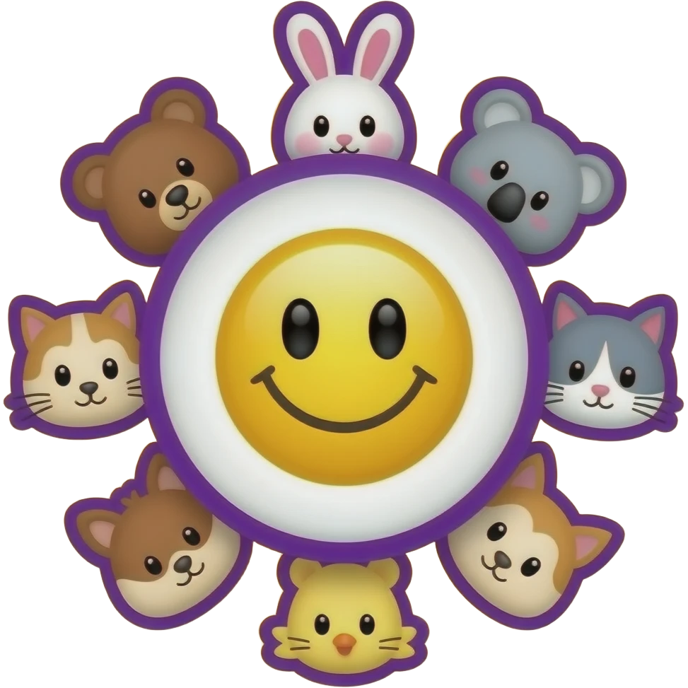 Same with this design.Yellow Smiley in the centre. The smiley  with white and purple background, circle form ,serrounded by the head only of these seven symbols: 🐻🐰🐨🐈🐹🐿🐥 Smaller size. Bright yellow background, bright purple outlines emoji