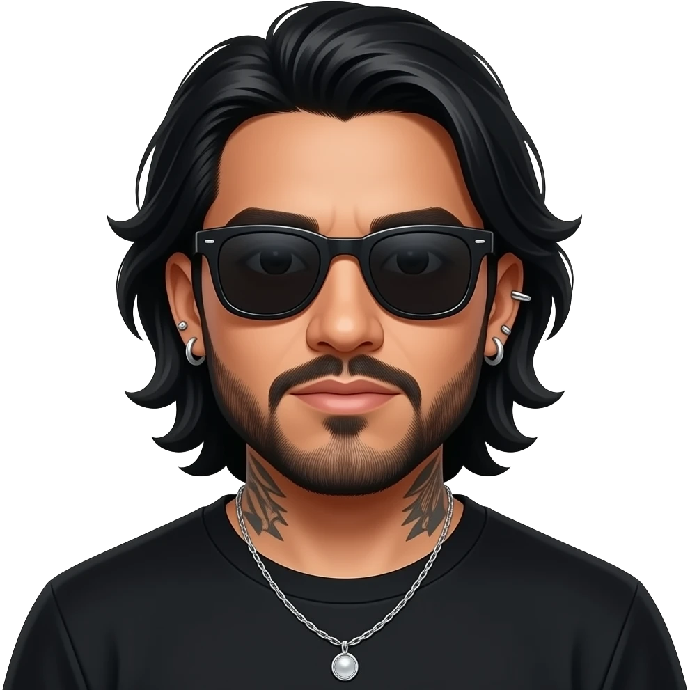 handsome, manly Latino podcast host with black colored eyes wearing black with silver jewelry, with medium length hair, a very long, lightly graying beard and tattoos, his ear and nose pierced, dark sunglasses. He didn’t see anything emoji