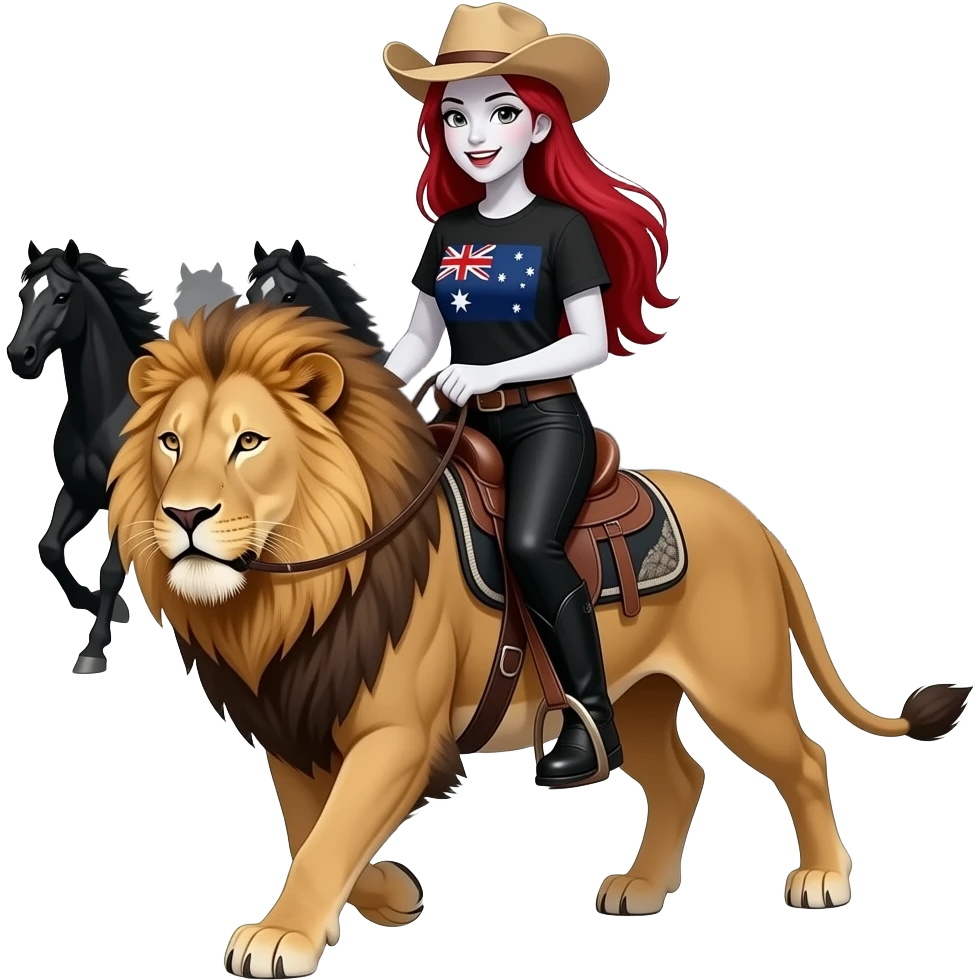 Vampiro femmina ADOLESCENTE con pelle bianca e capelli rossi  indossa dei leggins neri, gli stivali  neri un maglia LUNGA FINO ALLE GINOCCHIA con maniche corte con disegnata sopra l' Australia e un cappello da cowboy che cavalca un leone insieme a un branco di cavalli neri che corrono emoji