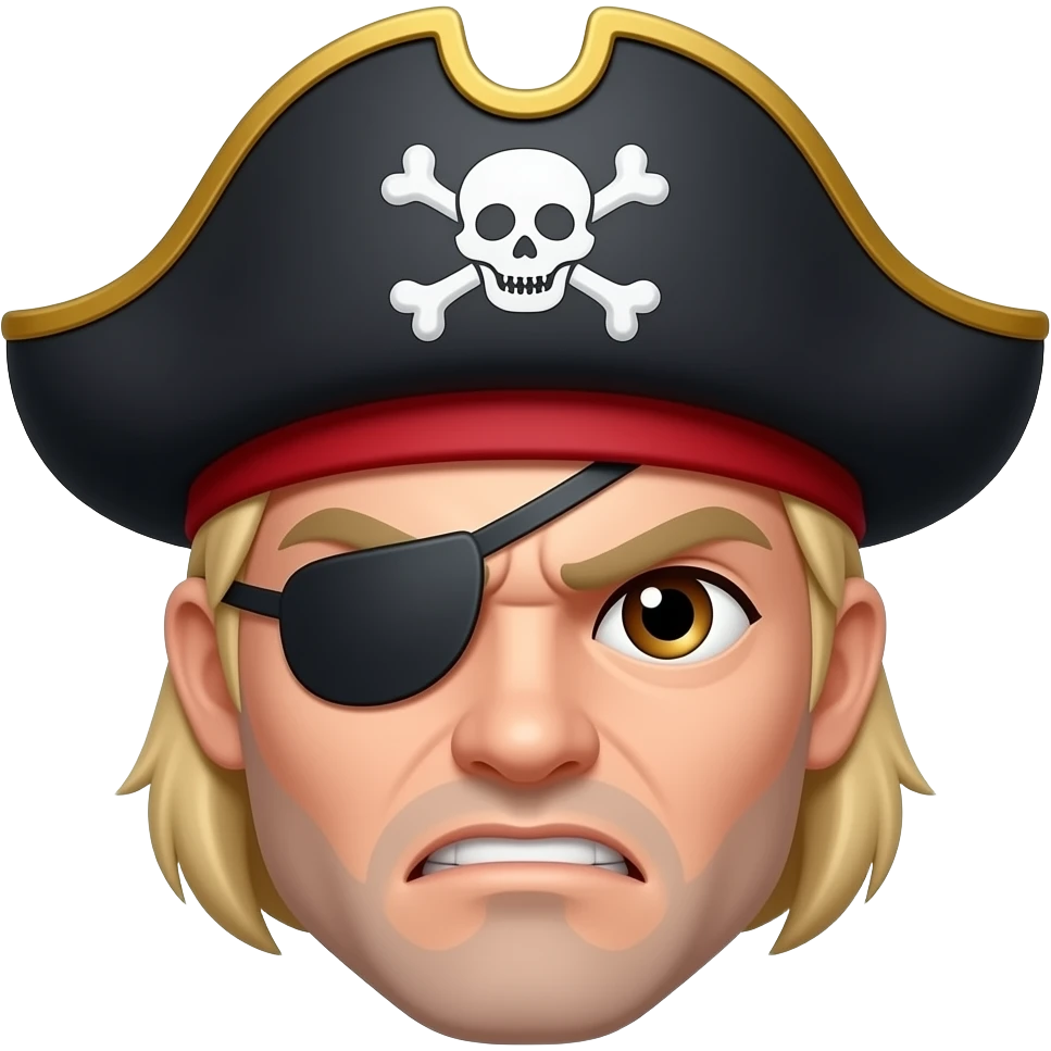 Pirata pelo corto rubio y blanco ojos cafés y parche en el ojo, barbilla solo en parte inferior no completa y gorro pirata enojado emoji