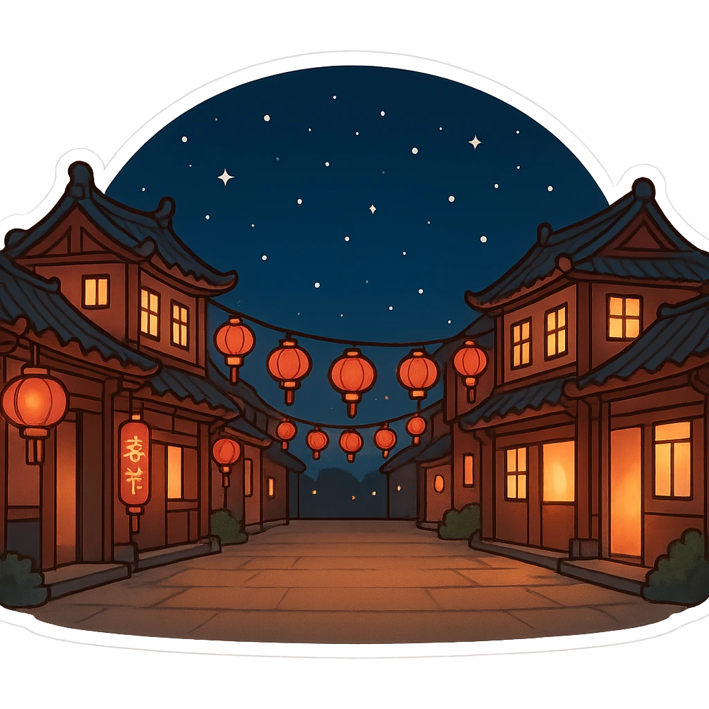 一条漂亮的中国街道，春节气息，中间有一片空地，夜晚，星空 emoji