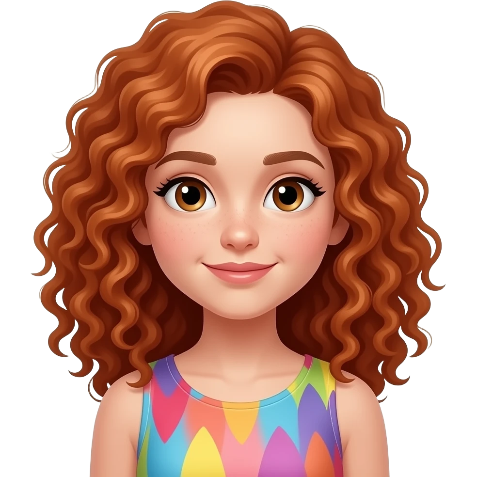 Female, teen, curly red hair, colorful top emoji