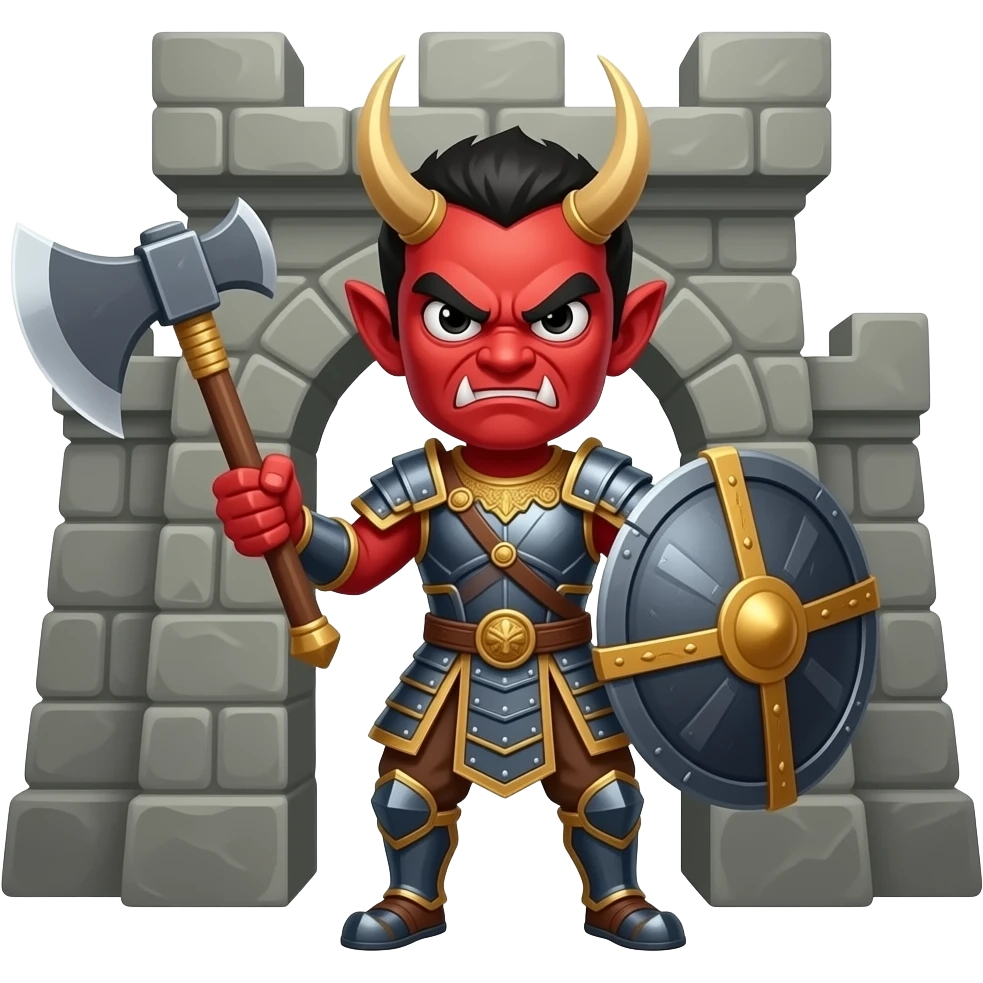 A Thai demon soldier (Basic), red skin, holding a heavy axe, fierce and protective, standing guard at an entrance, stone fortress background, card game style. emoji