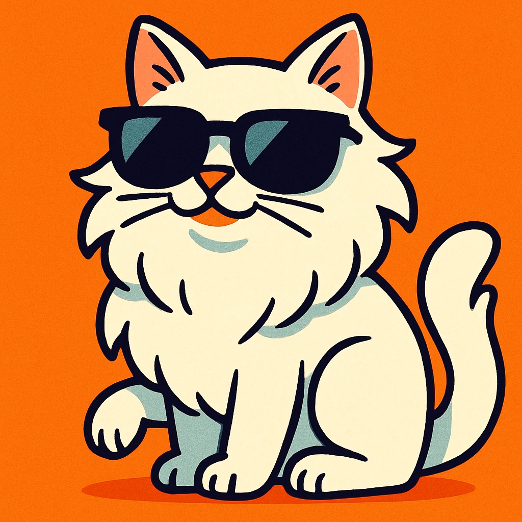 white long-haired cat with black sunglasses, playful cartoon style emoji